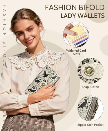 GIANCOMICS Crow Womens Wallet RFID Blocking, Goth Credit Card Holder Bifold | Billfold, Cute Cash Purse, Travel Zipper Coin Pocket, Compact Clutch, PU Leather, ID Window, 11 Card Slots, Ladies Gift Woman - color: Crow