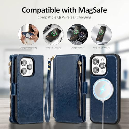 Antsturdy Compatible with MagSafe iPhone 13 Pro Wallet Case,Dark Blue | Detachable Magnetic Credit Card Holder,RFID Blocking,PU Leather Zipper Purse,Wrist Strap Kickstand,Flip Phone Cover for Women - color: (Detachable with Magsafe)-Dark Blue