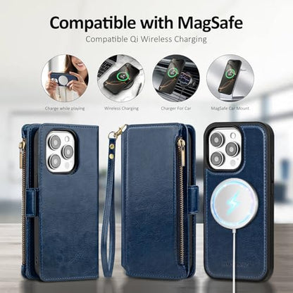 Antsturdy Compatible with MagSafe iPhone 13 Pro Wallet Case,Dark Blue | Detachable Magnetic Credit Card Holder,RFID Blocking,PU Leather Zipper Purse,Wrist Strap Kickstand,Flip Phone Cover for Women - color: (Detachable with Magsafe)-Dark Blue