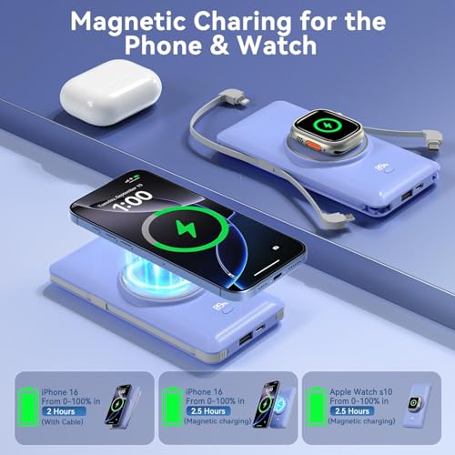 Magnetic 10000mAh Portable Charger for iWatch & iPhone, PD Fast Charging Wireless Power Bank Built-in Cables and Wall Plug, External Travel Battery Pack Compatible with iOS Android Phones - color: Blue