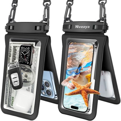 Niveaya IPX8 Double Space Waterproof Phone Pouch (up to 8.3") -2 Pack Waterproof Phone Case with Lanyard for iPhone 17 16 15 Pro Max,Touchscreen & Underwater Photography, Beach Cruise Essentials 2026 - color: Black+ Black, size: Medium 8.3"