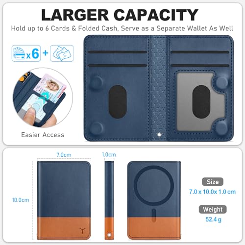 TUCCH for Magsafe Wallet, 6 Card Slots with RFID Blocking, Blue & Brown | for iPhone 17/17e/16/15/14/13/12 Pro/Pro Max/Plus, Clear ID Window, Magnetic Phone Wallet, PU Leather - color: Blue & Brown