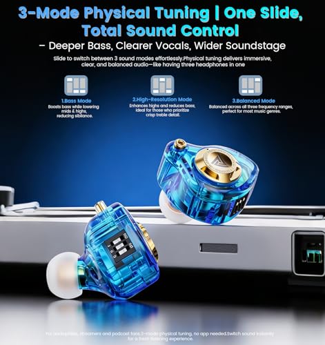Wired Gaming Earbuds with Mic, 11mm Dynamic Driver HiFi in Ear Monitors, 3-Way Adjustable Tuning Switch Detachable Cable IEM Earphones, Deep Bass Noise Isolating Headphones for Musician Game PC Laptop - color: Blue