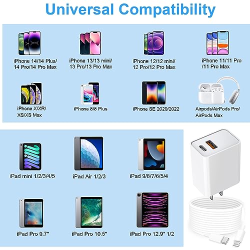 USB C Wall Charger,Dual Port 10FT iPhone Charger 20W PD+QC3.0 Power Adapter - color: White 10FT
