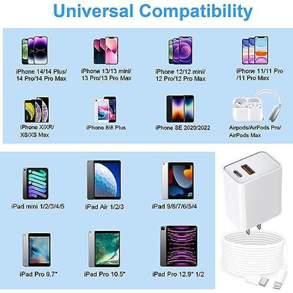 USB C Wall Charger,Dual Port 10FT iPhone Charger 20W PD+QC3.0 Power Adapter - color: White 10FT