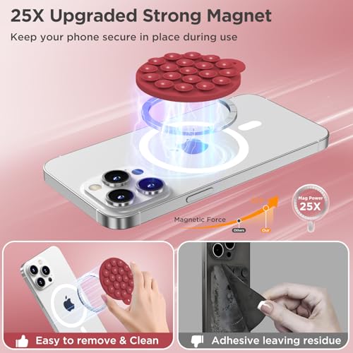 Magnetic Suction Cup Phone Mount with MagSafe, Silicone Hands-Free Grip Holder for iPhone Case and Android, Mirror Shower Phone Stand for Makeup FaceTime Gym Kitchen Bathroom, Deep Red - color: Deep Red