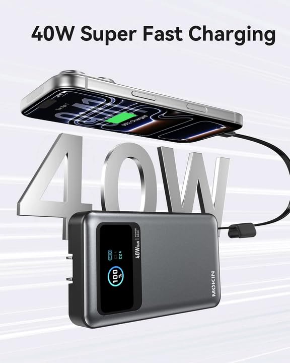 MOKiN 3-in-1 Power Bank,10000mAh 40W Portable Charger with Foldable Plug,Built-in USB-C Cable & LCD Display,Travel Essential Phone Fast Charging Battery Pack,for iPhone 17/16,Samsung etc - color: Grey