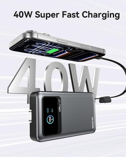 MOKiN 3-in-1 Power Bank,10000mAh 40W Portable Charger with Foldable Plug,Built-in USB-C Cable & LCD Display,Travel Essential Phone Fast Charging Battery Pack,for iPhone 17/16,Samsung etc - color: Grey