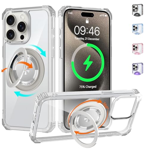 Clear Case for iPhone 15 Pro with Magnetic 360 Rotatable Ring Stand | Military Grade Heavy Duty Cover with 360 Rotatable Ring Kickstand -260417 - color: Clear, size: iPhone 15 Pro