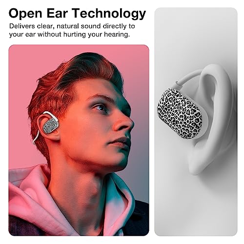Purity Air Open Ear Headphones - True Air Conduction Wireless Bluetooth Open Ear Earbuds with Dual Mic for iPhone/Android - Secured Long Wearing Comfort, Sports Sweat Resistant (Leopard) - color: Leopard