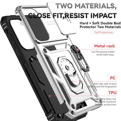 for Samsung Galaxy A36 5G Case with Slide Camera Cover HD Screen Protector [Military Grade 16ft. Drop Tested] Magnetic Ring Holder Kickstand Protective Phone Case for Galaxy A36 5G 2025, Silver - color: Silver w/ Slide Camera 2nd gen. Military Grade