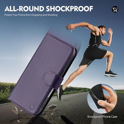 Compatible with iPhone 16 Pro Max Genuine Leather Case Wallet with Card Holder,Women Men Real Leather Flip Folio RFID Blocking Credit Card Slots Phone Cover,for Apple 16 ProMax,Purple - color: Purple, size: iPhone 16 Pro Max - 6.9"
