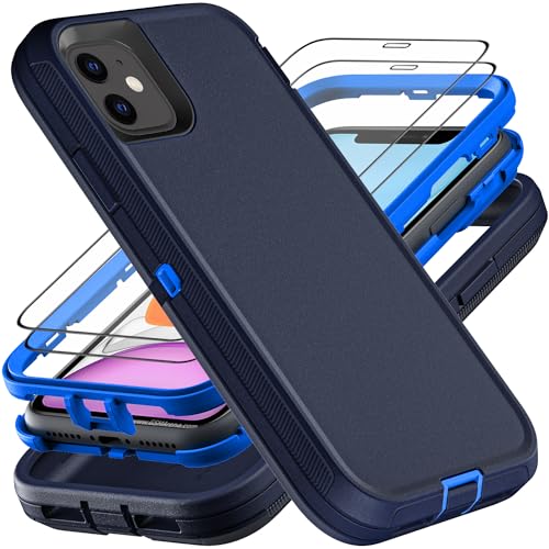 YKHJKLEC for iPhone 11 Case, Military Grade 3 in 1 Heavy Duty Shockproof/Drop Proof/Dust Proof Case with 2Pcs Tempered Glass Screen Protector (Navy Blue) - color: Navy Blue