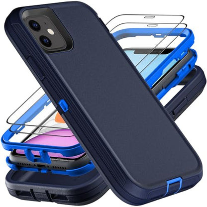YKHJKLEC for iPhone 11 Case, Military Grade 3 in 1 Heavy Duty Shockproof/Drop Proof/Dust Proof Case with 2Pcs Tempered Glass Screen Protector (Navy Blue) - color: Navy Blue