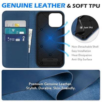 SHIELDON Genuine Leather Case Wallet for iPhone 16 Pro Max 6.9", Royal Blue | Flip Magnetic Closure, RFID Blocking 3 Card Holder, Kickstand, Full Protection, Shock Absorbing Protective Cover - color: Royal Blue