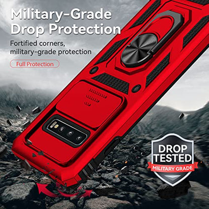 for Samsung Galaxy S10 Plus Case with Camera Lens Cover HD Screen Protector, Military-Grade Drop Tested Magnetic Ring Holder Kickstand Protective Phone Case for Samsung Galaxy S10+ Plus (Red) - color: Red with camera cover Military-Grade 2nd gen