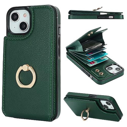 Folosu Compatible with iPhone 14 Case Wallet with Card Holder, 360°Rotation Finger Ring Holder Kickstand, RFID Blocking Leather Protective Double Buttons Shockproof Cover 6.1 Inch Dark Green - color: Dark Green, size: iPhone 14