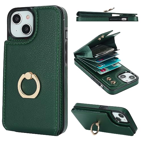 Folosu Compatible with iPhone 13 Case Wallet with Card Holder, 360°Rotation Finger Ring Holder Kickstand Protective RFID Blocking PU Leather Double Buttons Flip Shockproof 6.1 Inch Dark Green - color: Dark Green