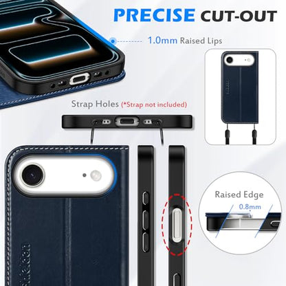 SHIELDON Genuine Leather Case Wallet for iPhone Air 6.5", Retro Dark Blue | Magnetic Closure, RFID Blocking, Credit Card Holder, Kickstand, Folio Design, Soft TPU Shockproof Phone Cover - color: Retro Dark Blue