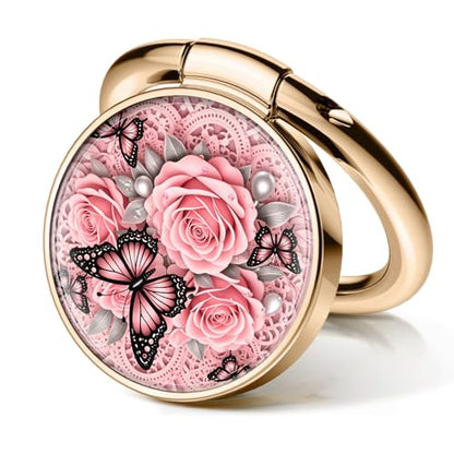 Cell Phone Ring Holder, Cute Metal Phone Grip Stand Finger Ring Kickstand, Flexible 360°Rotation Phone Tablet Case Accessories Compatible with Most Phones Pink Rose Butterfly - color: Pink Rose Butterfly