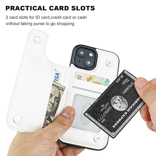 ONETOP Compatible with iPhone 15 Wallet Case with Card Holder, PU Leather Kickstand Card Slots Case, Double Magnetic Clasp and Durable Shockproof Cover 6.1 Inch (White) | Kickstand,ID/Cash Holder,Case Wallet with Card Slots,Double Magnetic Clasp,Durable P