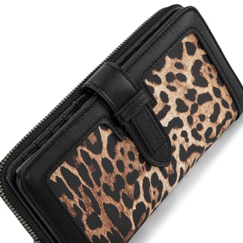 X Wrangler Women's Wallets Bifold Wristlet Wallets for Women Large Capacity Credit Card Wallet with ID Window - color: Leopard Black