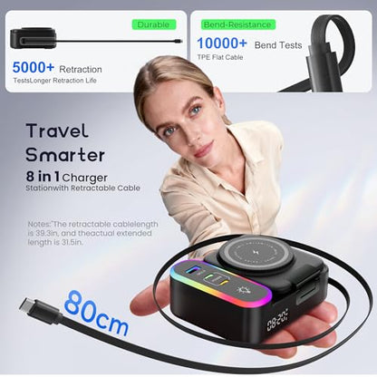 8-in-1 Foldable Wireless Charging Station for Apple Devices with Clock, 65W - color: Black