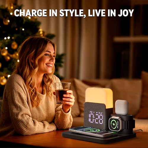 7 in 1 Clock with Charging Station, Charger with Alarm Clock Night Light - color: Black