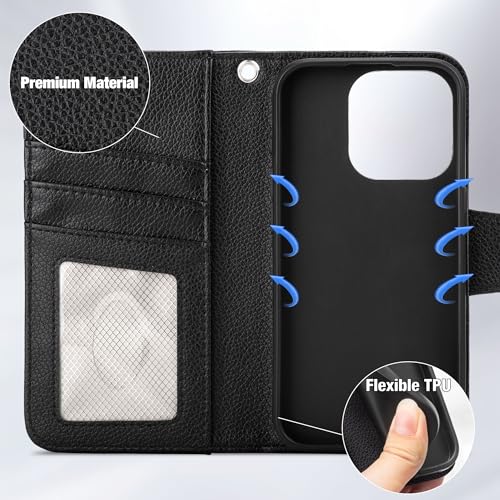 Arae Compatible with iPhone 15 Pro Case with Card Holder and Wrist Strap Wallet Flip Cover for iPhone 15 Pro 6.1 inch Men RFID Blocking Wristlet Kickstand,Litchi Black - color: Litchi Black, size: iPhone 15 Pro 6.1 inch