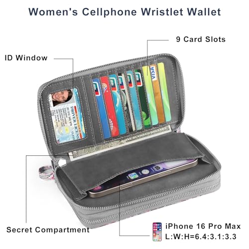 RFID Blocking Cellphone Wallet for Women with Wrist Strap, Double Zipper Travel Clutch Purse Large Capacity, Fissidens Flower - color: Pink Fissidens Flower
