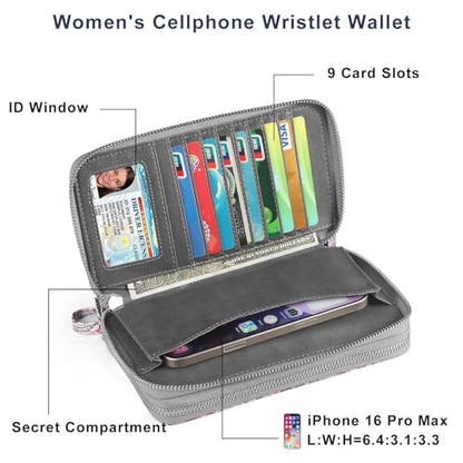 RFID Blocking Cellphone Wallet for Women with Wrist Strap, Double Zipper Travel Clutch Purse Large Capacity, Fissidens Flower - color: Pink Fissidens Flower