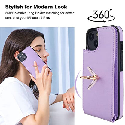 Folosu Compatible with iPhone 14 Plus Case Wallet with Card Holder, 360°Rotation Finger Ring Holder Kickstand, RFID Blocking Leather Protective Double Buttons Shockproof Cover 6.7 Inch Purple - color: Purple, size: iPhone 14 Plus