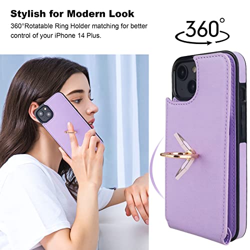 Folosu Compatible with iPhone 14 Plus Case Wallet with Card Holder, 360°Rotation Finger Ring Holder Kickstand, RFID Blocking Leather Protective Double Buttons Shockproof Cover 6.7 Inch Purple - color: Purple, size: iPhone 14 Plus