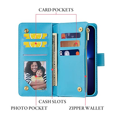 UEEBAI Case for iPhone 13 6.1 inch, PU Leather Wallet Retro Shockproof Flip Case Cover with Card Slots Stand Function, Magnetic Closure - Blue# - color: Marble Blue
