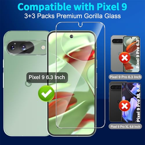 letosan 3 Pack for Google Pixel 9 Screen Protector Tempered Glass + 3 Pack Camera Lens Protector, Military Grade Shatterproof, 9H Hardness, Fingerprint Unlock,Case Friendly 6.3 Inch