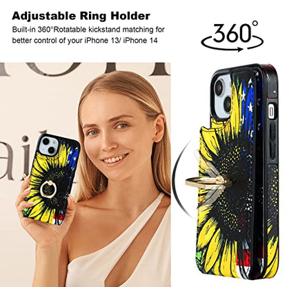 HAOPINSH for iPhone 13/ iPhone 14 Wallet Case with Card Holder, 360°Rotation Ring Kickstand, American Flag Sunflowers Pattern, RFID Blocking Leather for Girls Women, Double Buttons Flip Cover 6.1" - color: American Flag Sunflowers