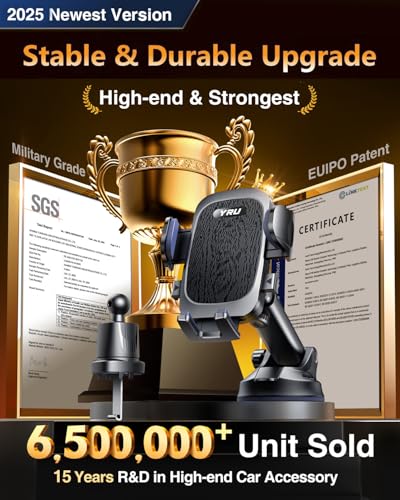 YRU True Military-Grade [360° Rotation Suction] 2026 Ultimate Car Phone Holder Mount 【90+LBS Safest Strongest & Patent Certs】 Dashboard Windshield Vent for iPhone 18 Pro Max Samsung Webcam, Jet Black - color: Jet Black