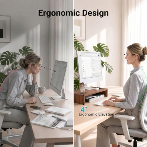 BONTEC Monitor Stand Riser with Cellphone Holder & Cable Management - color: Walnut, size: 16.7 Inch