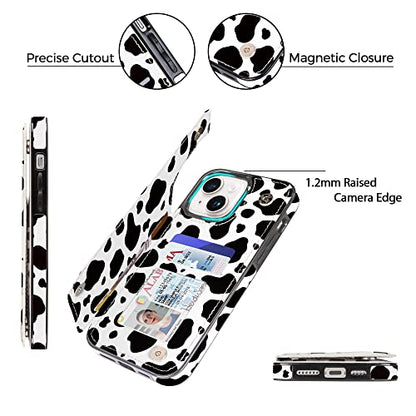Compatible with iPhone 14 6.1" and iPhone 13 6.1" Wallet Case with Card Holder Folio Flip PU Leather Kickstand Card Slots Case Double Magnetic Clasp and RFID Blocking Cover 6.1 Inch (Cow Print) - color: Black Cow Print, size: iPhone 14/13