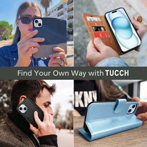 TUCCH Wallet Case for iPhone 15 (6.1"), 4 Card Holders, Black & Light Blue | RFID Blocking, Viewing Stand, Shockproof TPU Shell, PU Leather, Magnetic Closure, Protective Folio Flip Cover - color: Black & Light Blue
