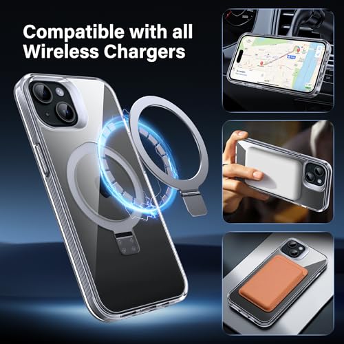 Magnetic Case for iPhone 15 - [Built-in Invisible Stand] [Compatible with MagSafe] [Military Grade Drop Protection] Anti-Yellowing Hard Back Silicone Edge Cover, 6.1", Clear - color: Clear, size: iPhone 15 6.1''