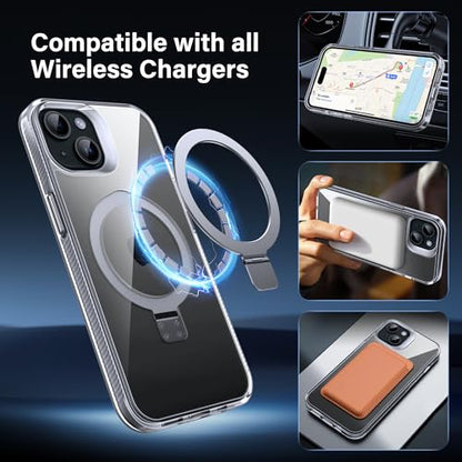 Magnetic Case for iPhone 15 - [Built-in Invisible Stand] [Compatible with MagSafe] [Military Grade Drop Protection] Anti-Yellowing Hard Back Silicone Edge Cover, 6.1", Clear - color: Clear, size: iPhone 15 6.1''