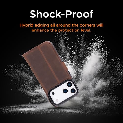 Bayelon Leather Folio Case for iPhone 17 Pro 6.3", Flip Cover Card Holder, Genuine Leather Case, Folio Wallet Case, MagSafe Compatible Shockproof Flip Cover, Rfid Blocking - Dark Brown - color: Dark Brown, size: iPhone 17 Pro