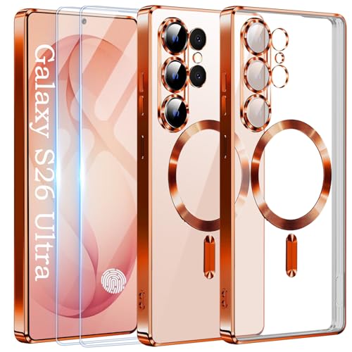 Official Titanium Case for Samsung Galaxy S26 Ultra with 2 Screen Protector,[Compatible with MagSafe][Full Camera Cover] Metallic Glossy Slim Luxury Phone Case for Galaxy S 26 Ultra,Orange - color: Orange, size: Samsung Galaxy S26 Ultra