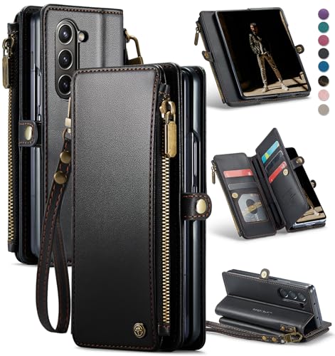 Defencase for Samsung Galaxy Z Fold 6 Wallet Case with Card Holder, Black | Durable Soft PU Leather, RFID Blcking Zipper Pocket, with S-Pen Holder & Strap, Flip Phone Cases with Stand for Women Men - color: Black