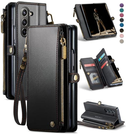 Defencase for Samsung Galaxy Z Fold 6 Wallet Case with Card Holder, Black | Durable Soft PU Leather, RFID Blcking Zipper Pocket, with S-Pen Holder & Strap, Flip Phone Cases with Stand for Women Men - color: Black