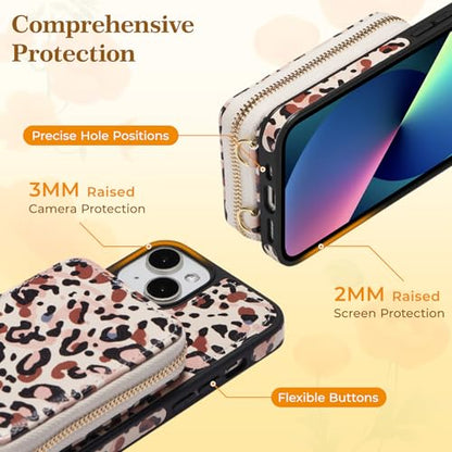 ZCDAYE Zipper Crossbody Wallet Case for iPhone 13/14, Leopard Print | Flip Folio PU Leather, Practical Card Holder, Adjustable Lanyard Strap, RFID Blocking, Retro Leopard Girly Phone Case - color: Leopard print, size: iPhone 13/14