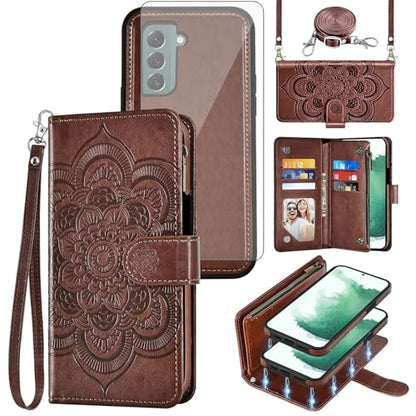 Asuwish Phone Case for Samsung Galaxy S22 5G Zipper Wallet Detachable Cell Cover with Tempered Glass Screen Protector Crossbody Lanyard Strap Flower Card Holder S 22 22S 4G G5 6.1 inch Women Brown - color: Brown