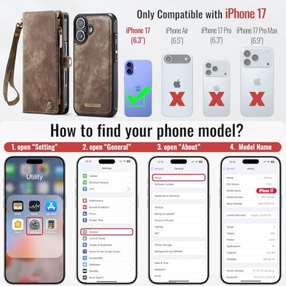 Compatible with iPhone 17 Wallet Case with Magsafe with Zipper & Card Holder Strap Wristlet Detachable Magnetic Protective Back Case for iPhone 17 5G 6.3 Inch (Brown) - color: (Detachable and Magsafe)-Brown, size: iPhone 17 6.3 Inch