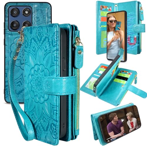 Harryshell Detachable Wallet Leather Case Compatible with Motorola Moto G Stylus 5G 2025/2026 Magnetic Phone Case Zipper with Cash Coin Pocket Multi Card Slots Holder Wrist Strap (Flower Blue Green) - color: Flower Blue Green, size: Moto G Stylus 5G 2025